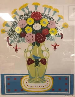 Limited Edition Floral Fine Art Print by E. Buktenica: Description: Signed and numbered limited edition lithograph by Eugene Buktenica is a fine, abstract-style fine study of a pale green vase overflowing with flowers. Framed and matted. Material: paper;