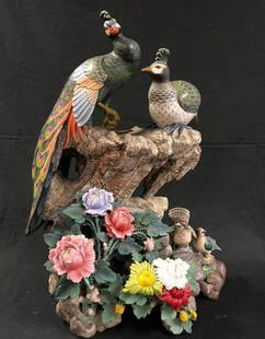Natural Stone Bird Sculpture: Description: Breathtaking large sculpture depicts birds resting atop a flowering tree branch. Four piece set; crafted entirely from natural stone and possibly attributed as Asian, this unusual art
