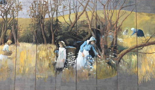 8 Panel Painted Wood Screen: Description: Absolutely unique, grand size, 8 panel decorative wood screen. Painted wood panels unfold to display a beautiful rural scene featuring young girls picking wildflowers. Radiant color