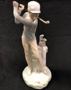 Lladro Porcelain Golfer, # 4824 , Retired: Description: Lladro Back Swing Porcelain Golfer, # 4824 , retired. Perfect gift for anyone under the spell of the links. Sculpted by Vincente Martinez. Fine Spanish porcelain with a lovely high glaze