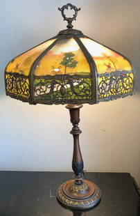 Breathtaking Antique Lamp with Painted Glass Shade: Description: Absolutely fabulous antique brass and metal lamp with painted, heavy glass shade set in a decorative brass surround. The shade is painted with windmill scenes. This is a truly unique and