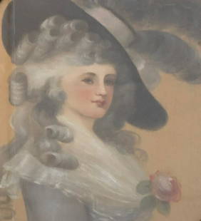 Victorian Gibson Girl Watercolor Portrait: Description: Lovely Victorian Gibson Girl watercolor portrait painted on fabric, oval-shaped, set under glass and framed in wood. Portrait depicts a young woman in a rather dashing hat with feathers.