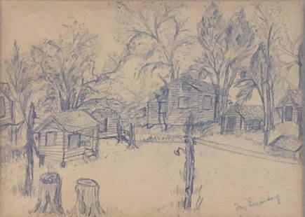 Eisenberg Ink Sketch: Description: Nostalgic ink sketch depicting a cluster of cabins, possibly from a summer camp. Beautifully detailed; framed, matted and set under glass. Signed by artist in lower right corner.