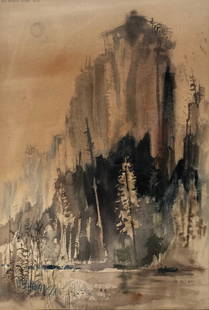 Mesmerizing Will Martin Watercolor: Description: Simply splendid Asian-style watercolor by artist Will Martin, dated August 1956. Dreamy and delicately detailed painting depicts mountains in the background in soft focus with sharper