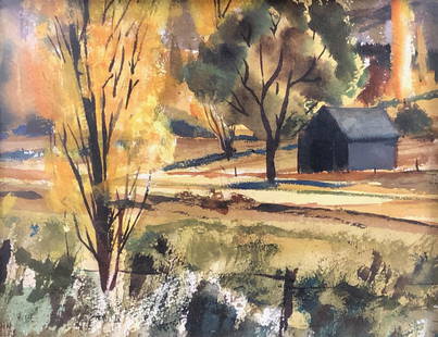 John Rogers Watercolor: Description: Signed, John Rogers watercolor depicting a rural setting adorned with the glorious colors of autumn. Framed in wood and set behind glass; signed in lower left corner. Material: canvas,