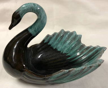 Evangeline Ware Swan Planter: Description: Vintage Evangeline Swan pottery planter, from Canada, with classic blue/green drip glaze. Stately and elegant mid-century modern decor (most probably produced in the 1960s); numbered