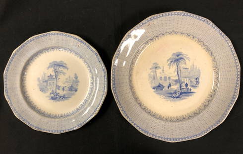Antique E Challinor Blue Transfer Ware Ironstone Salad: Description: Antique E Challinor Blue Transfer Ware Ironstone salad & dinner Plates, "Nanking" pattern. Most probably circa 1850s; the central motif is Asian architecture in a landscape setting. One