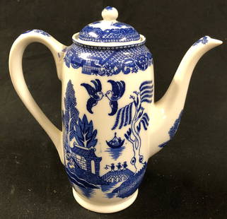 Petite Hot Chocolate Transfer Ware Pot: Description: Elegant and perfectly proportioned blue and white transferware hot chocolate pot with lid. Asian-inspired detailing, graceful spout and handle. Unmarked. Material: porcelain.
