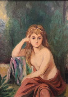 Turn of the Century Oil: Description: Gorgeous oil of a young female, semi nude with flowers in her hair. She is posed in front of an impressionist-style wooded background and the portrayal is suggestive of a wood nymph.