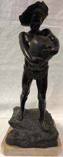V. Cinque Bronze: Description: Glorious V. Cinque large bronze of man holding a large urn. Signed, set on white stone base. The man is barefoot, wearing a large, floppy hat, loincloth and an excited grin. He is