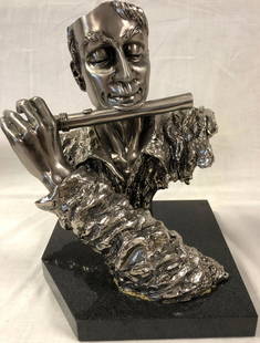 Abstract Metal Sculpture on Marble: Description: Interesting storytelling depicting a piccolo player, cast in silver-toned metal and set on polished green marble base. A guaranteed conversation piece. Material: metal, marble. 