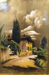 Luminous Graves Painting on Gold Foil: Description: Luminous Graves painting on gold foil depicting a rural Italian home. Beautifully framed and matted; mounted under glass with Certificate of Authenticity on verso. Signed by artist.
