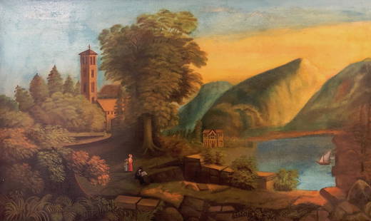 Captivating Antique Oil on Canvas: Description: Captivating antique oil on canvas, circa turn of the century. Sublime turquoise and gold sky is mirrored in a lake below, ringed with mountains, large trees and a castle or villa.