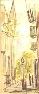 1967 French Marker Painting: 1967 French Marker Painting (2 Buildings Near Each Other). Approximate Measurement: 21 x 12 inches. Material: Watercolor on paper. Shipping cost: $40. Different rate to Alaska, Hawaii & California