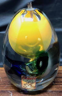 Joska Studio Glass Candle Holder: Description: Joska Germany Studio Designer Multicolor Pear-shape glass candle holder with wick. Material: glass. Measurement: approximate: 6 " x 2 ". (INCHES). Shipping cost: $15 . Different rate to