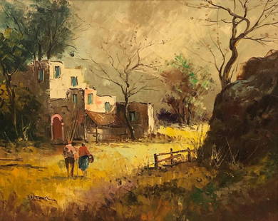 Vintage Balfour Oil on Canvas: Description: Vintage oil on canvas by Balfour depicting a Mexican/Spanish rural village scene and features beautiful shades of yellow and browns highlighted with green. Nicely framed and very