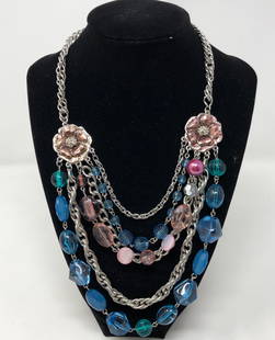 Vintage Macy's 2028 Necklace: Description: Marvelous layered vintage necklace from 2028; never worn, Macy's tags still attached. 6 strands are suspended from a silver tone metal chain with carved metal flowers on each side.