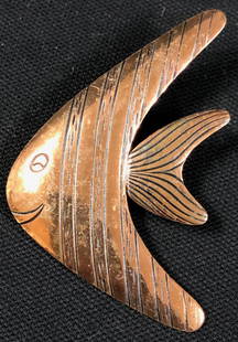 Copper Fish Pin: Description: Sleek copper pin in the shape of a fish with etching. Material: copper; metal. Measurement: approximate 2" (INCHES). Shipping: $12; different rate to Alaska, California, Hawaii & all