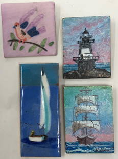 Collectible Hand Painted Pins: Description: Four pretty, hand painted pins, two signed by the artists; all are set on square or rectangular wood and ceramic. Material: wood, ceramic, metal. Measurement: approximate 2.5" to 2"