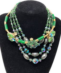 Glorious Green Necklaces and Earrings: Description: Glorious collection of green necklaces and non pierced earrings. Lovely vintage acrylic choker-style 3 strand torsade, paired with a gold tone and green bead choker, along with vintage,