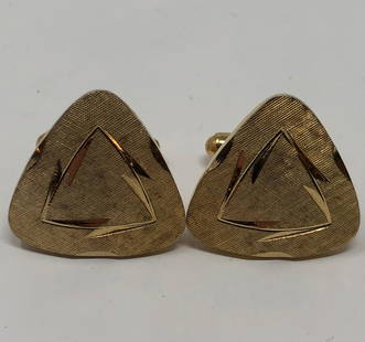 Vintage Men's Cuff Links: Description: Very handsome set of gold tone, vintage men's cuff links, triangular-shaped with etching on front. Nice heft and patina. Material: metal. Measurement: approximate .50" (INCHES).