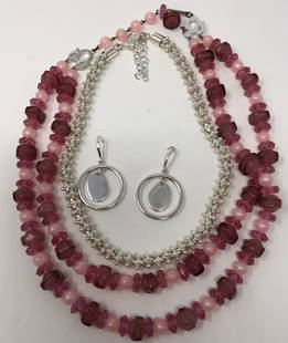 Pretty in Pink: Description: Pretty, older vintage two-strand acrylic torsade in lovely, multi-hued pinks, which we have paired with dangling, silver tone pierced earrings and a white and silver tone choker-style