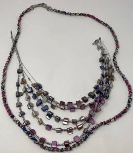 Aurora Borealis Hued Necklaces: Description: Dreamy shaded necklace pair on silver tone metal and wire. Five strand layered necklace is strung with beads in shades from purple to blue; longer length necklace is interwoven with