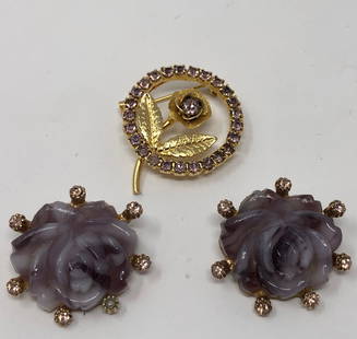 Amethyst Hued Earrings and Brooch: Description: For lovers of the color purple--this is a terrific set of non pierced purple quartz vintage clip earrings, carved with a floral design and a splendid floral brooch with amethyst hued