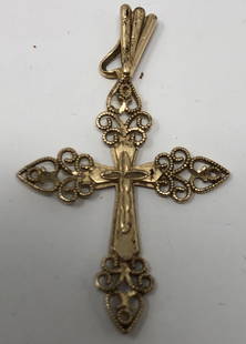 14 Karat Gold Cross Pendant: Description: Lovely, delicately wrought estate collection 14 karat gold cross pendant with bale. Inscribed on reverse side, "14 kt, Ma." Material: 14 karat gold. Measurement: approximate 1.50"