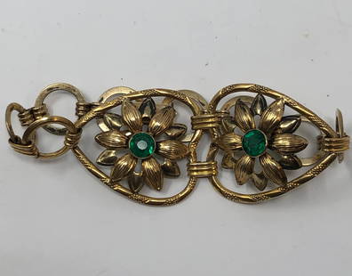 12 K Gold Over Sterling Bracelet: Description: Marvelous vintage bracelet of 12 karat gold over sterling silver, designed in a floral pattern accented with small green stones. Very high quality, beautifully made jewelry, most