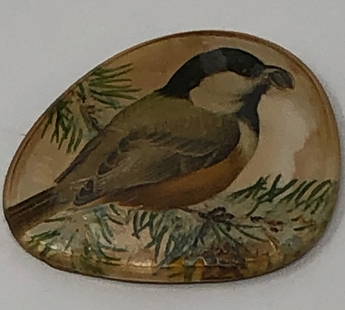 Signed, Vintage Bird Brooch: Description: Unusual numbered bird image brooch, created by Paramount, Pawtucket, USA. Crafted of a ceramic-like material, the image of a bird is hand painted and protected by a layer of Lucite like