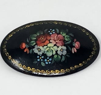 Vintage Painted, Signed Wood Brooch: Description: Lovely vintage oval-shaped hand painted wood brooch, depicted a spray of blooming flowers against a black background. Signed by artist on reverse side. Material: wood. Measurement: