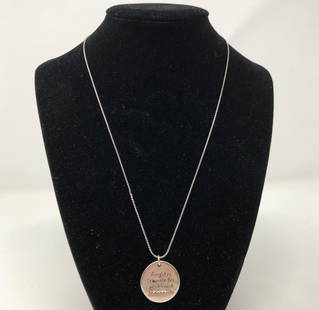 Splendid Signed Sterling Charm Necklace: Description: Fabulous sterling silver inspirational charm necklace, inscribed by artist and hallmarked. Charm is suspended from delicate sterling link chain. Material: sterling silver. Measurement: