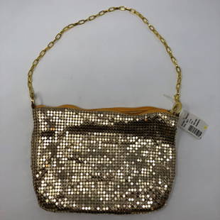 Vintage Gold Sequined Evening Bag: Description: Nice vintage gold sequined evening bag with gold tone metal chain shoulder strap, zippered closure and pretty orange lining. Made in China, small interior zippered pocket. Material: