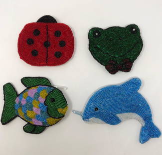 Unique Glass Beaded Change Purse Collection: Description: Absolutely delightful collection of four nature-themed glass beaded change purses. The set includes one red and black ladybug, one blue and white dolphin, one multi-colored fish and one