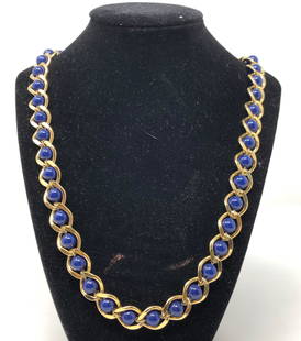 Splendid Lapis Lazuli Beaded Necklace: Description: Splendid vintage lapis a lazuli beaded necklace set in gold tone links. Lapis lazuli, or lapis for short, is a deep-blue metamorphic rock used as a semi-precious stone that has been