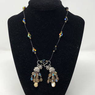 Aurora Borealis Necklace and Earrings: Description: Lovely and unusual choker-style necklace with rhinestone accented closure and gorgeous aurora borealis beads. We have paired this unique necklace with non pierced, dangling earrings