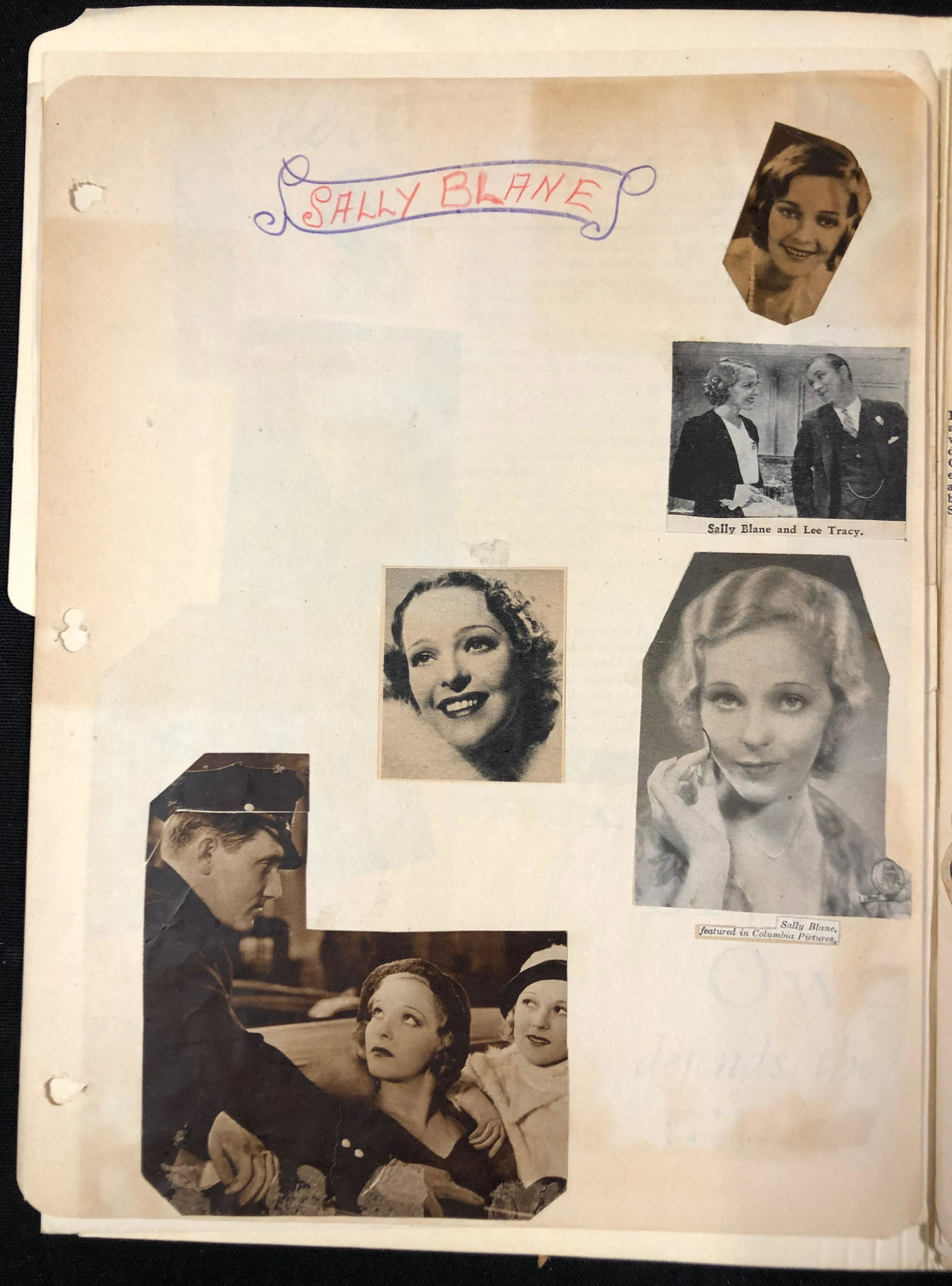 Sally Blane scrapbook: Description: Golden Age of Hollywood style fan scrapbook. Newspaper & or magazine clippings, pages, photos, glued, pasted or taped collage style, celebrating career of Sally Blane (born Elizabeth Jane