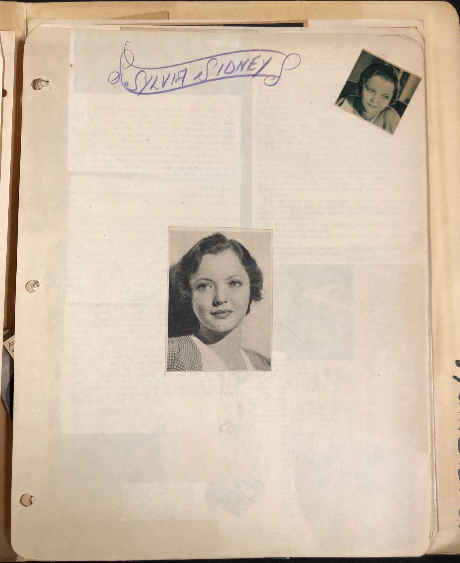 Sylvia Sydney scrapbook: Description: Golden Age of Hollywood style fan scrapbook. Newspaper & or magazine clippings, pages, photos, glued, pasted or taped collage style, celebrating career of Sylvia Sidney (born Sophia Kosow