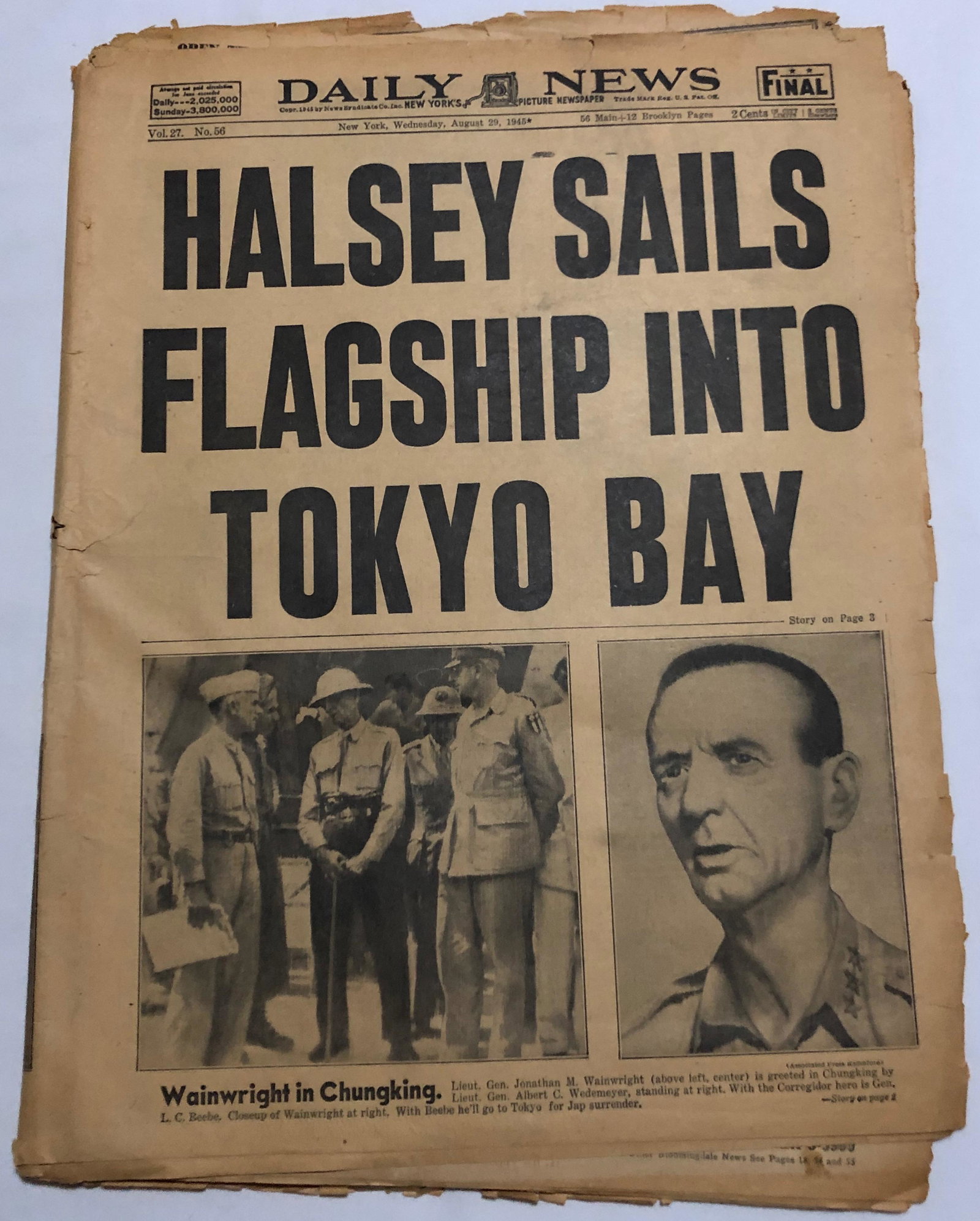 1945 Newspaper Edition WWII/ Halsey sails into Tokyo: Description: Halsey sails into tokyo bay WWII victory headline newspaper edition WWII Aug 29 1945 - Shipping $20, different rate to Alaska, California, Hawaii & all International.