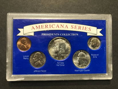 1964-P AMERICANA United States Coin Set: Description: 1964-P United States Coin Set copper penny, nickel, 90% Silver dime, quarter, and Kennedy JFK half dollar; blue cardboard insert holder and clear plastic AMERICANA SERIES Presidents