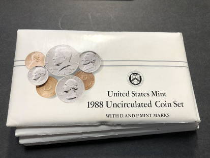 1988 United States Mint Uncirculated Coin Sets P&D: Description: 1988 United States Mint Uncirculated Coin Set with P & D Mint Marks LOT OF FIVE (5). Shipping cost: $12. Different rate to California, Alaska, Hawaii and all international apply.