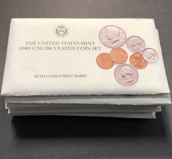 LOT OF 10 sets 1989 United States Mint Uncirculated: Description: 1989 United States Mint Uncirculated Coin Set with P & D Mint Marks LOT OF TEN (10). Shipping cost: $17. Different rate to California, Alaska, Hawaii and all international apply.