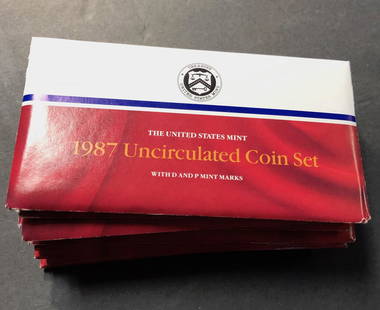 LOT OF 10 1987 United States Mint Uncirculated Coin Set: Description: 1987 United States Mint Uncirculated Coin Set with P & D Mint Marks LOT OF TEN (10). Shipping cost: $12. Different rate to California, Alaska, Hawaii and all international apply.