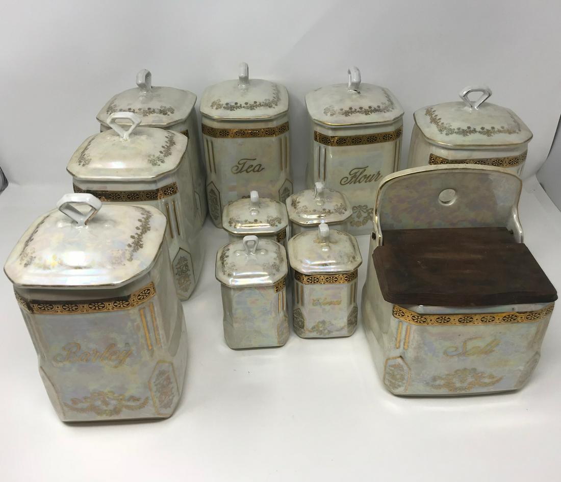 Set Porcelain Spice Jars Kitchen Set Victoria Made in: Description: Incomplete Victoria porcelain set, Gold gilded; Flour, Coffee, Tea, Rice, Barley, Sugar; Salt w/wooden lid, Pepper, Allspice, Nutmeg, Cloves; 7 large jars with lids, 4 small with lids, 1 
