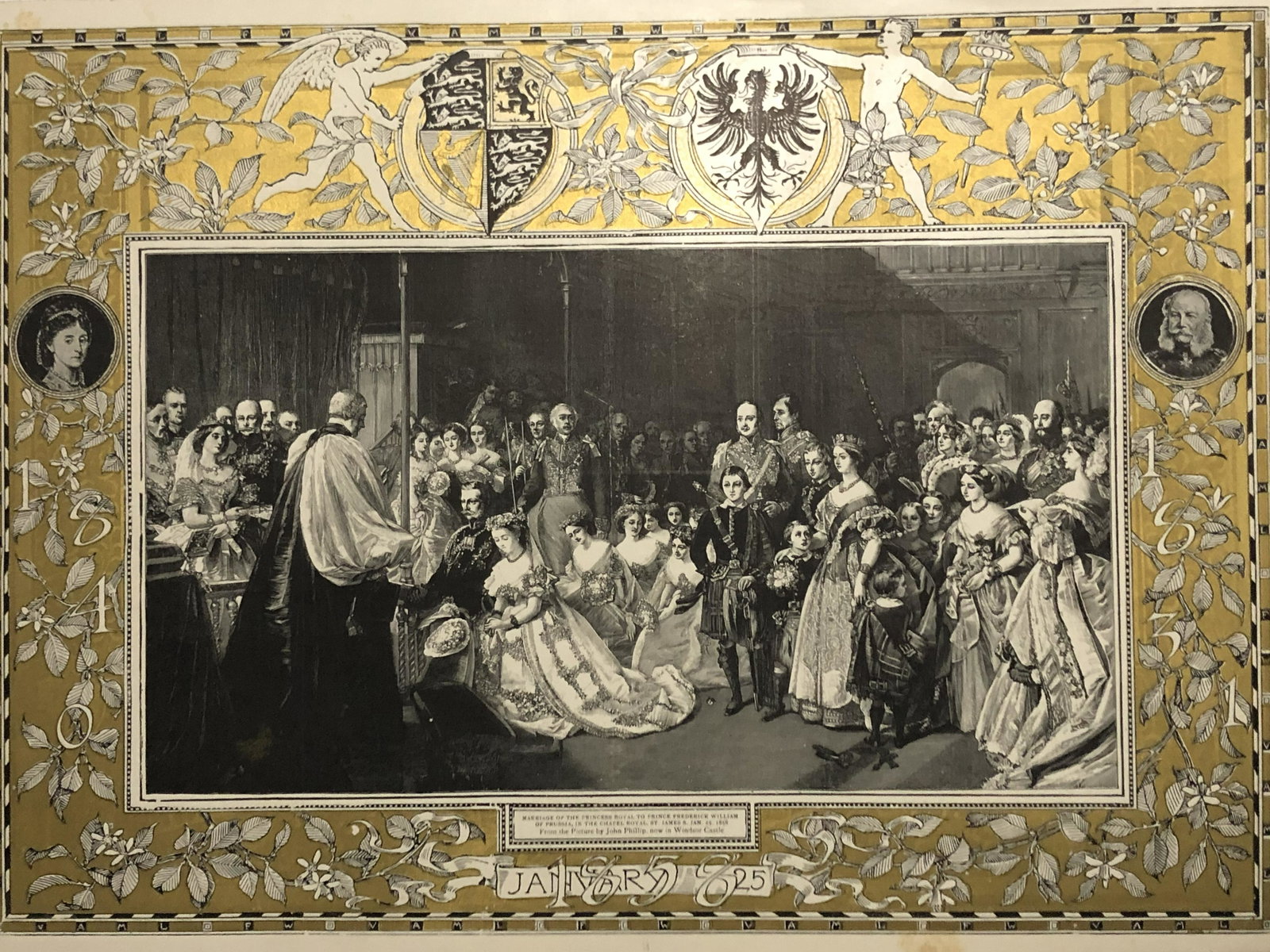 1858 Giclee/Graphic/ Marriage Prince Frederick William: Description: Reproduction/ Marriage is a princess Royal to Prince Frederick William of Prussia in the Royal chapel chapel Royal St James January 8th 1858 from the picture by jean-philippe now in Winds