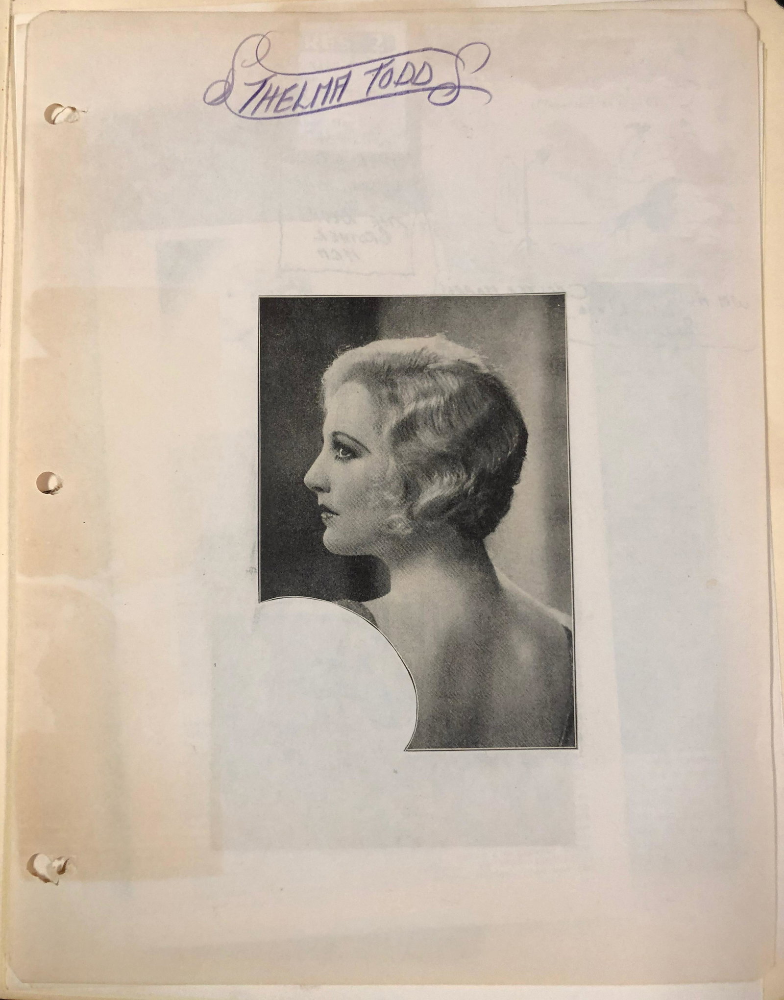 Thelma Todd scrapbook: Description: Golden Age of Hollywood style fan scrapbook. Newspaper & or magazine clippings, pages, photos, glued, pasted or taped collage style, celebrating career of Thelma Alice Todd (July 29, 1906