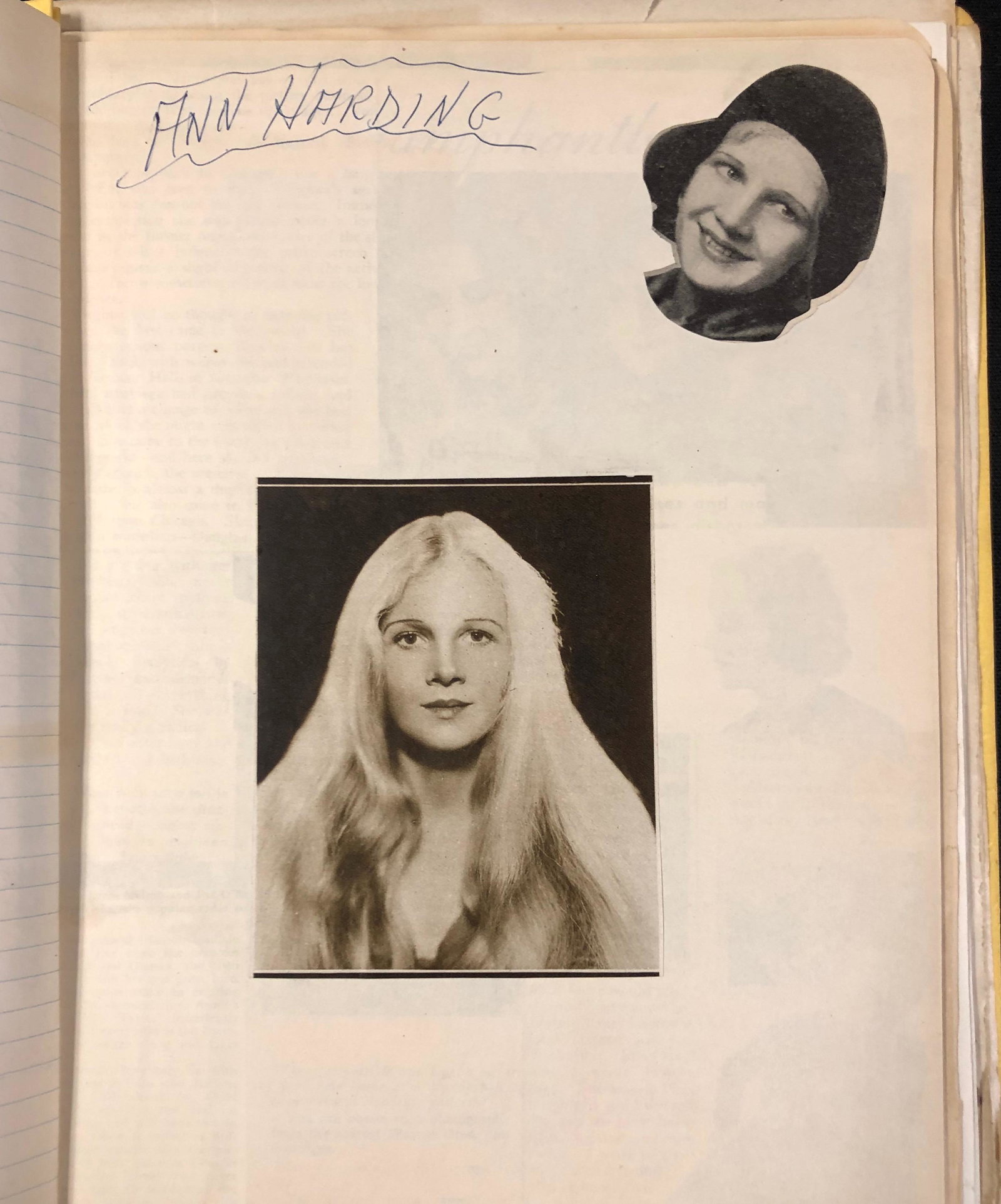 Ann Harding scrapbook: Description: Golden Age of Hollywood style fan scrapbook. Newspaper & or magazine clippings, pages, photos, glued, pasted or taped collage style, celebrating career of Ann Harding (August 7, 1902 Ãƒ