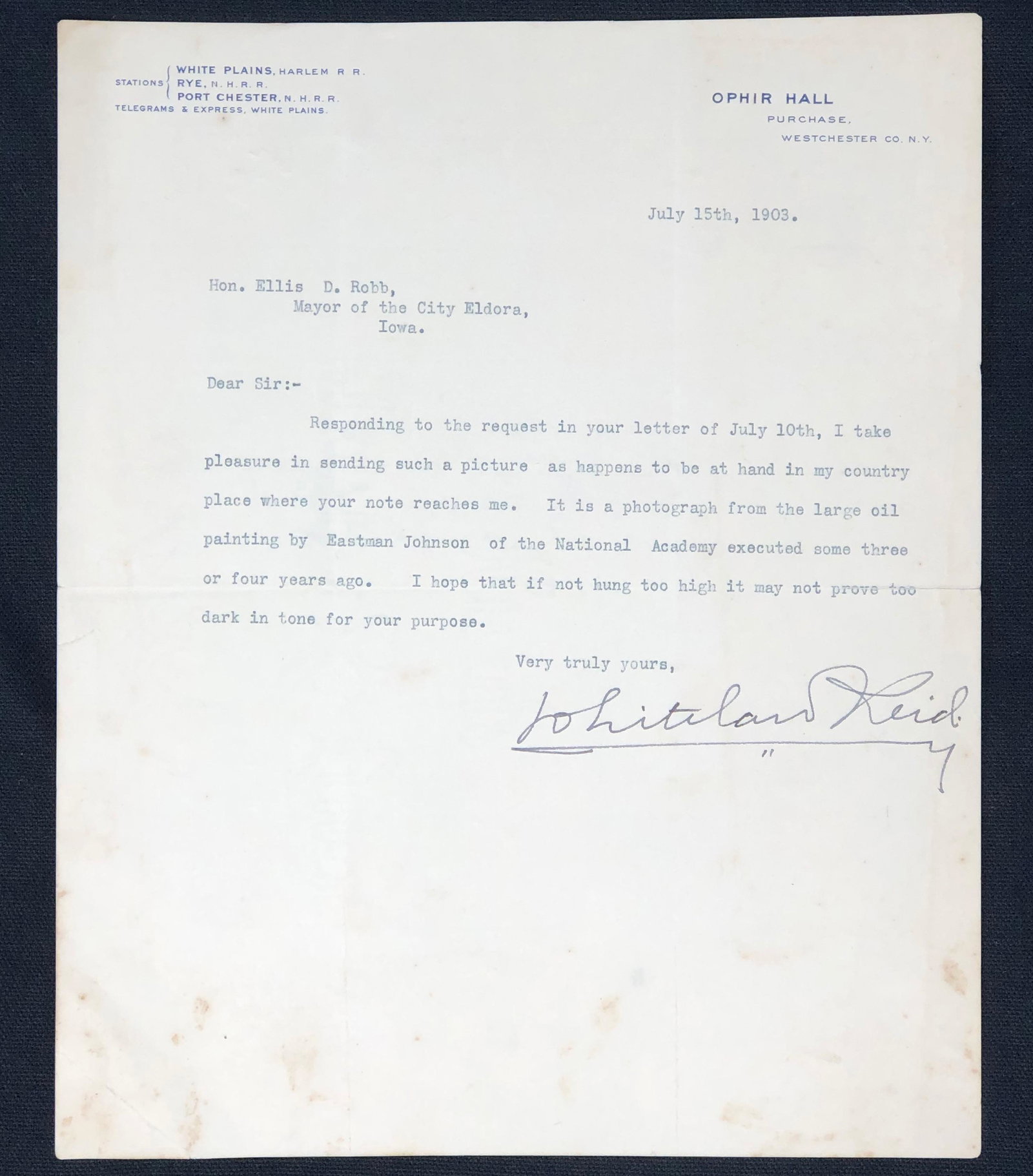 SIGNED letter WHITLAW REID, 1903: Letter from Whitlaw Reid Union Army Correspondent on staff of Harpers to Hon. Ellis D Robb Mayor, Elders, Iowa, July 15, 1903. 1 page. Typed. Shipping cost: $12, Different rate(s) to California, Alask
