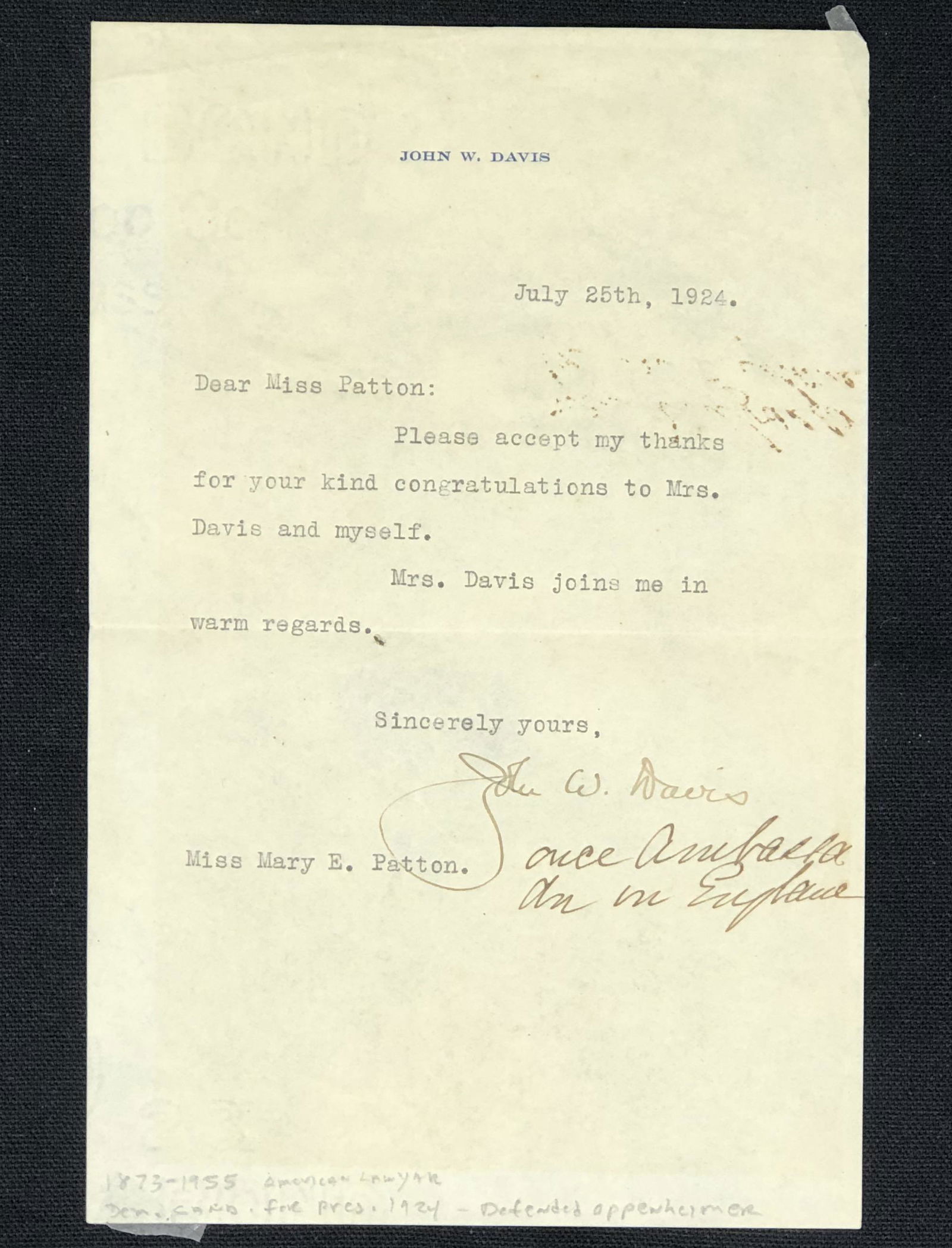 SIGNED letter JOHN W DAVIS, 1924 (1 of 2)